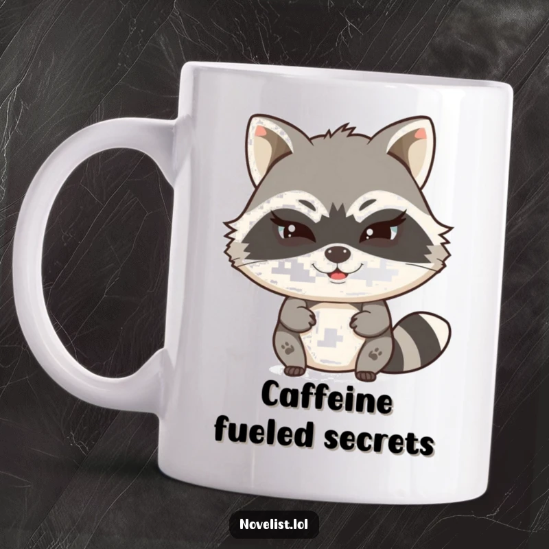 Funny mug with a witty raccoon character typing on a keyboard with a mischievous wink, hinting at a secret story, perfect for writers.