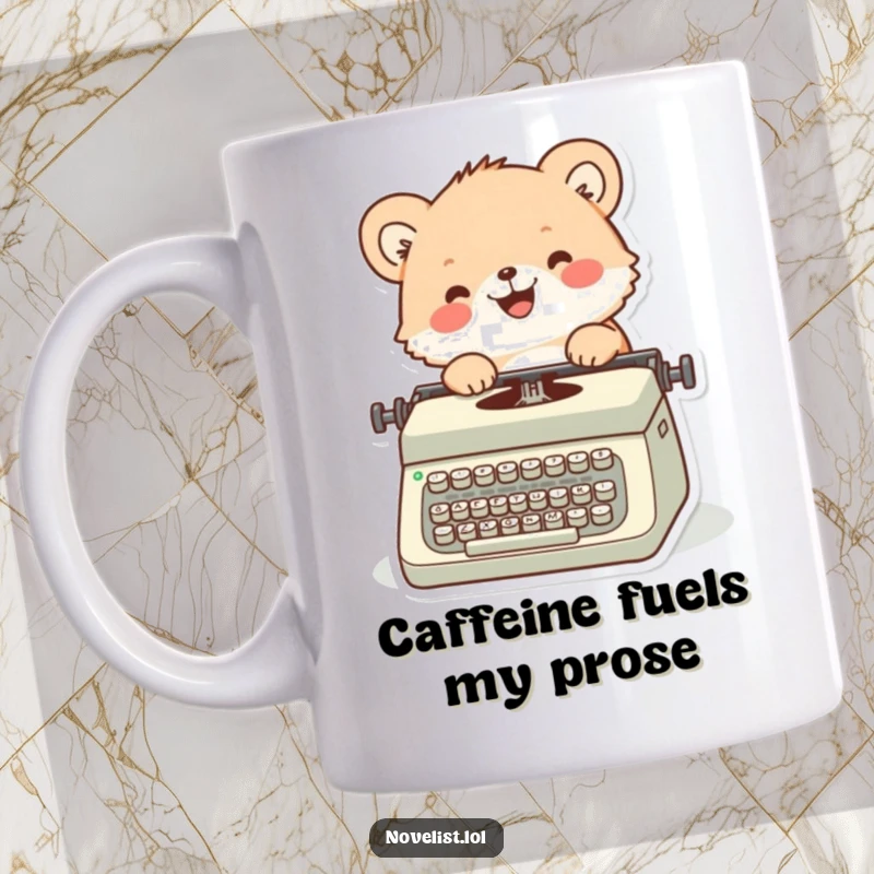 Funny mug featuring a cute, fuzzy animal character with a big smile, joyfully typing on an old-fashioned vintage typewriter.