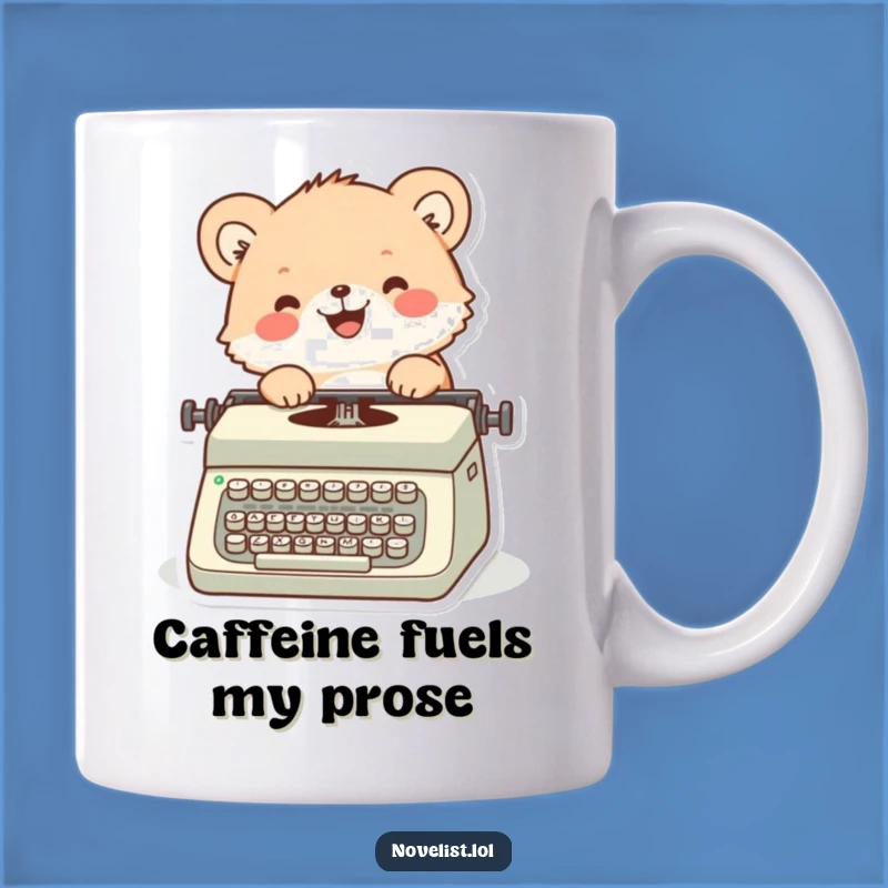 Funny Writer Mug: Fuzzy animal joyfully typing, perfect gift for authors and creatives.