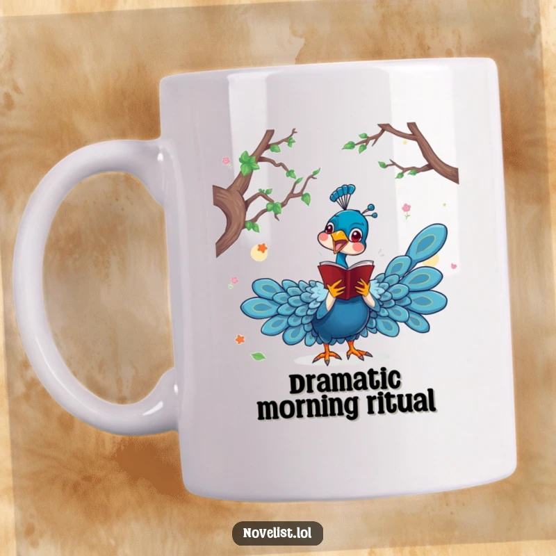 Funny mug with a dramatic peacock character performing a scene from a novel with exaggerated gestures, perfect for theater and book lovers.