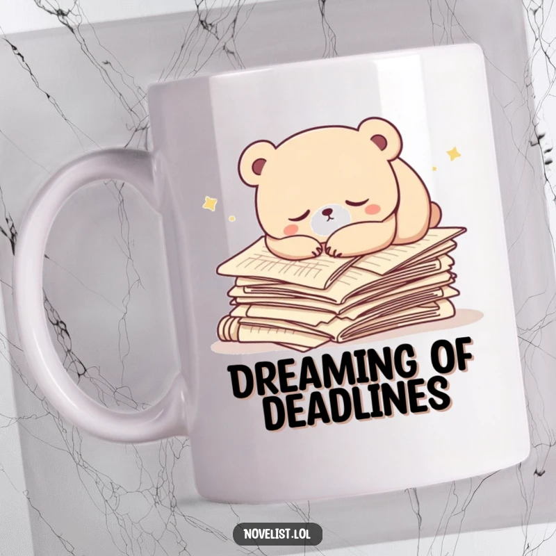 Funny mug with a cute, sleepy bear character dozing peacefully on a large pile of manuscript papers. Whimsical and humorous design.