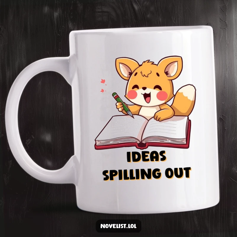 Funny mug featuring an excited animal character energetically scribbling in a large, open notebook with a happy expression.