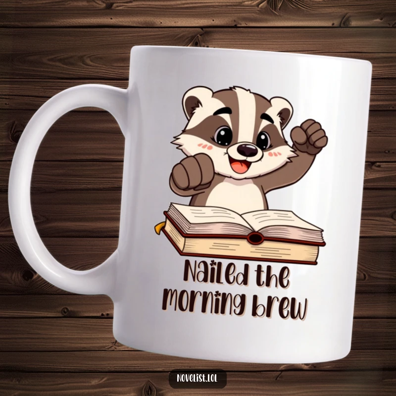 Funny cheerful badger character slamming a fist down on a completed written page on a mug, celebrating writer's accomplishment.