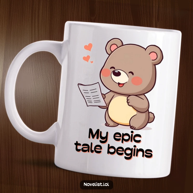 Funny bear mug with a playful bear character dramatically gesturing and dictating a story, conveying a comical sense of creative urgency.