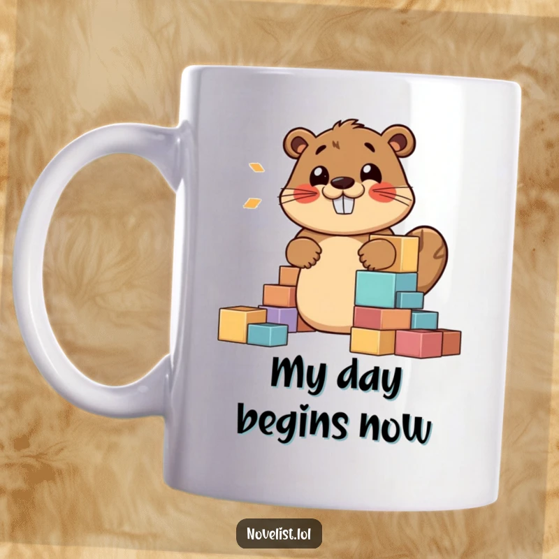 Funny mug with a jovial beaver character constructing a story using colorful building blocks, humming happily, ideal for writers.