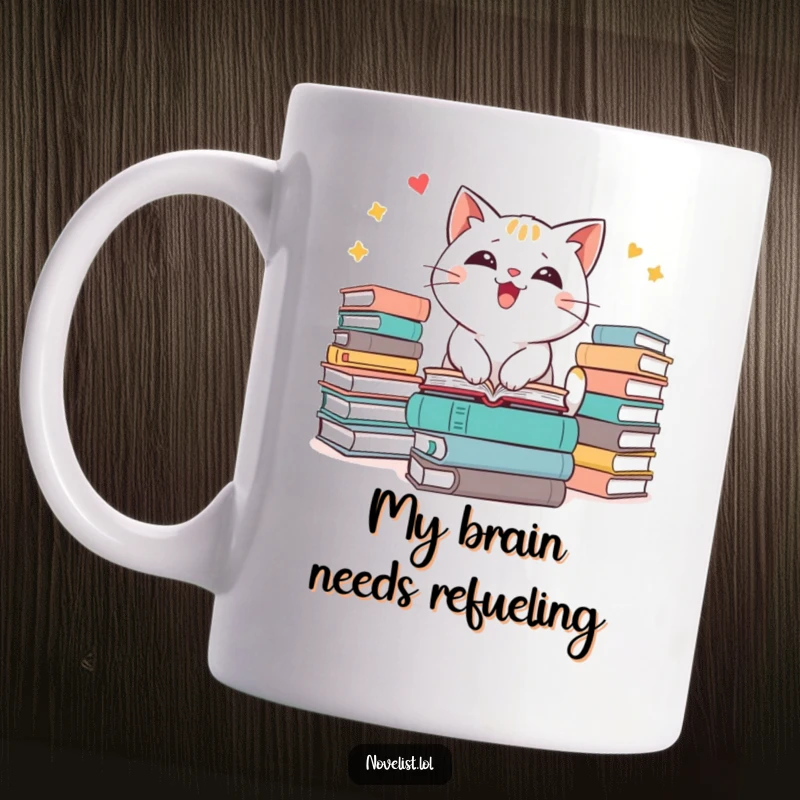 Funny cat mug with a playful character joyfully surrounded by stacks of books, embodying excitement for reading.
