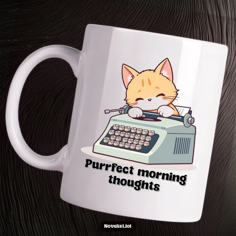 Funny mug art showing a cute cat with focused eyes, typing furiously on a vintage typewriter, tail wagging.