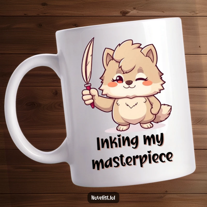 Funny mug featuring a furry character with a confident smirk, holding a quill pen aloft, ready to write clever words.