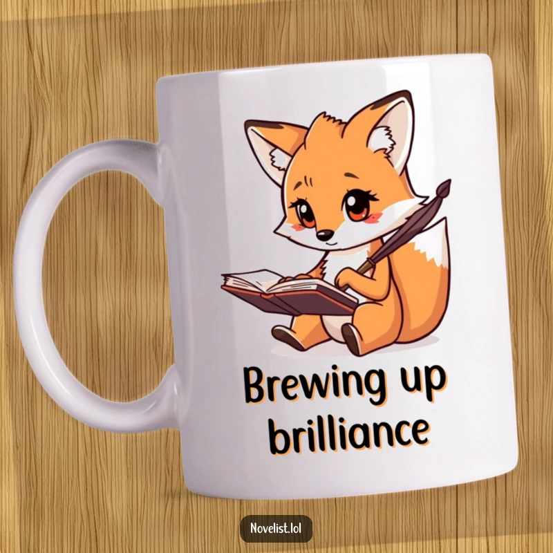 Funny mug showing a creative fox with a focused gaze, diligently scribbling notes with a quill, a writer's funny gift.