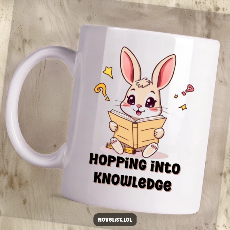 Funny mug showing a curious rabbit with sparkling eyes reading a giant manuscript, a bookworm's funny gift.