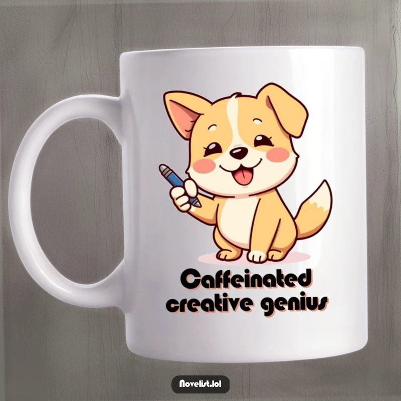 Funny dog mug with a wagging tail, dramatically gesturing with a pen as if making an important point.
