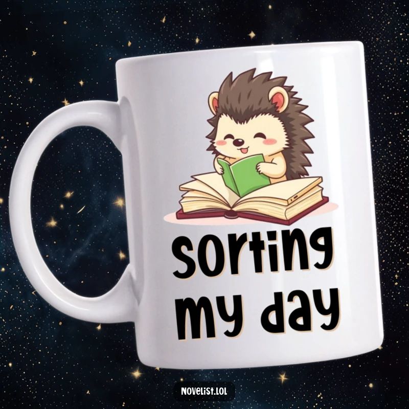 Funny mug depicting a small hedgehog character excitedly and precisely organizing book pages with focused delight.