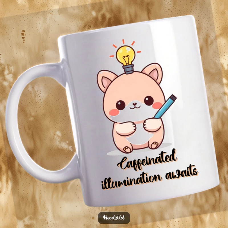 Funny kawaii animal mug with a glowing lightbulb and pen, symbolizing a bright, humorous idea for creators and thinkers.