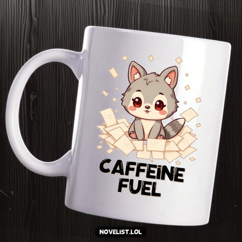 Funny Mug: Adorable animal character looks inspired amidst a whirlwind of scattered papers, symbolizing creative thought and artistic passion.