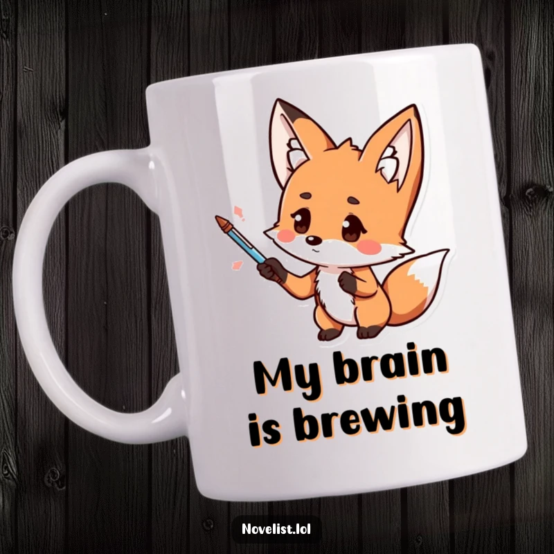 Funny Kawaii fox mug with a pen, gesturing dramatically, looking thoughtful, ideal for creative minds and funny gift seekers.