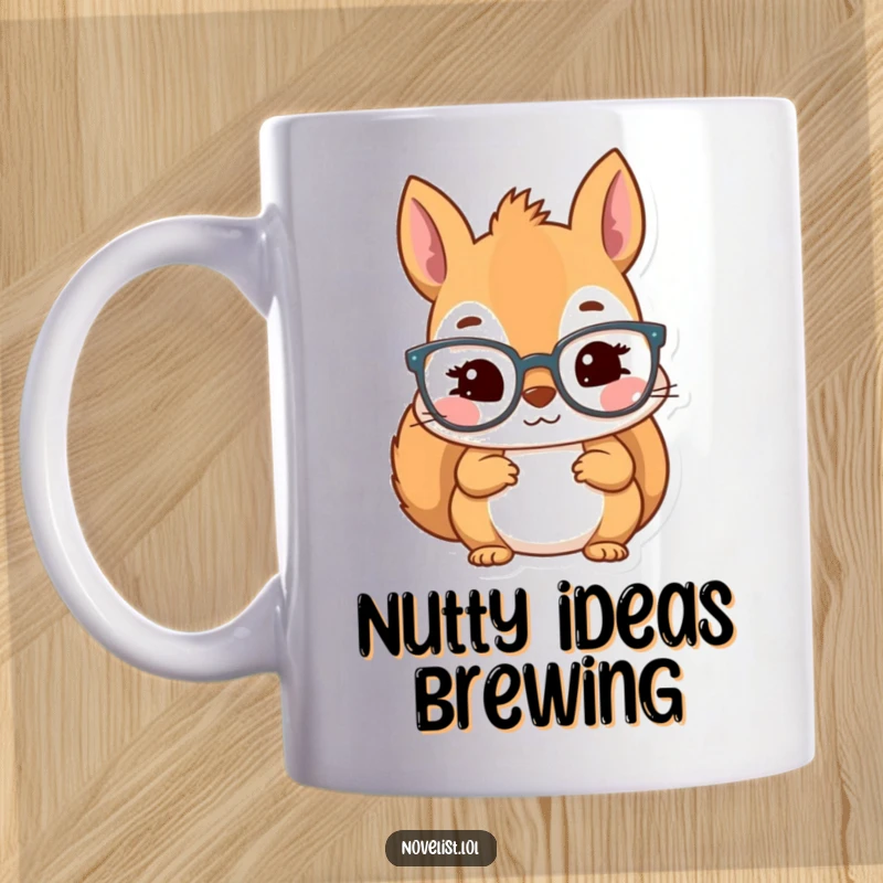 Funny mug showing a cute kawaii squirrel wearing reading glasses, looking inspired by a book.