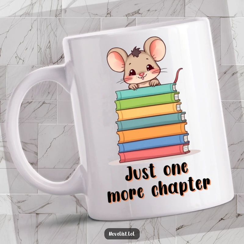 Funny mouse peeking over a giant stack of storybooks on a mug, conveying a sense of mischief and love for reading.