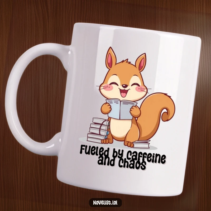 Funny Mug: Diligent squirrel gleefully organizing stacks of paper, representing focus and tidiness, a perfect funny gift.