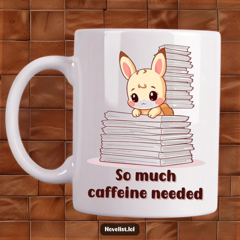Funny mug showing a tiny animal character looking curious while buried under a giant, overwhelming stack of papers.