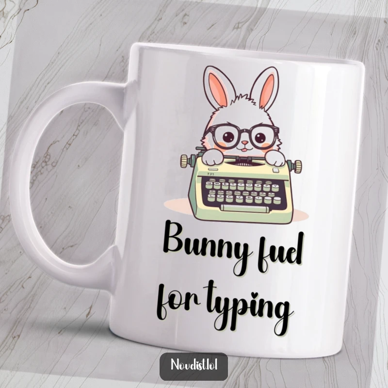 Funny mug featuring a fluffy rabbit wearing askew spectacles, happily typing on a vintage typewriter, celebrating creative writing.