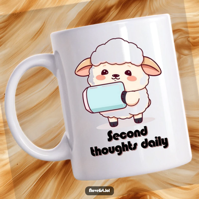 Funny sheep using a comically large eraser to wipe away a sentence on a mug, symbolizing second chances and humor.