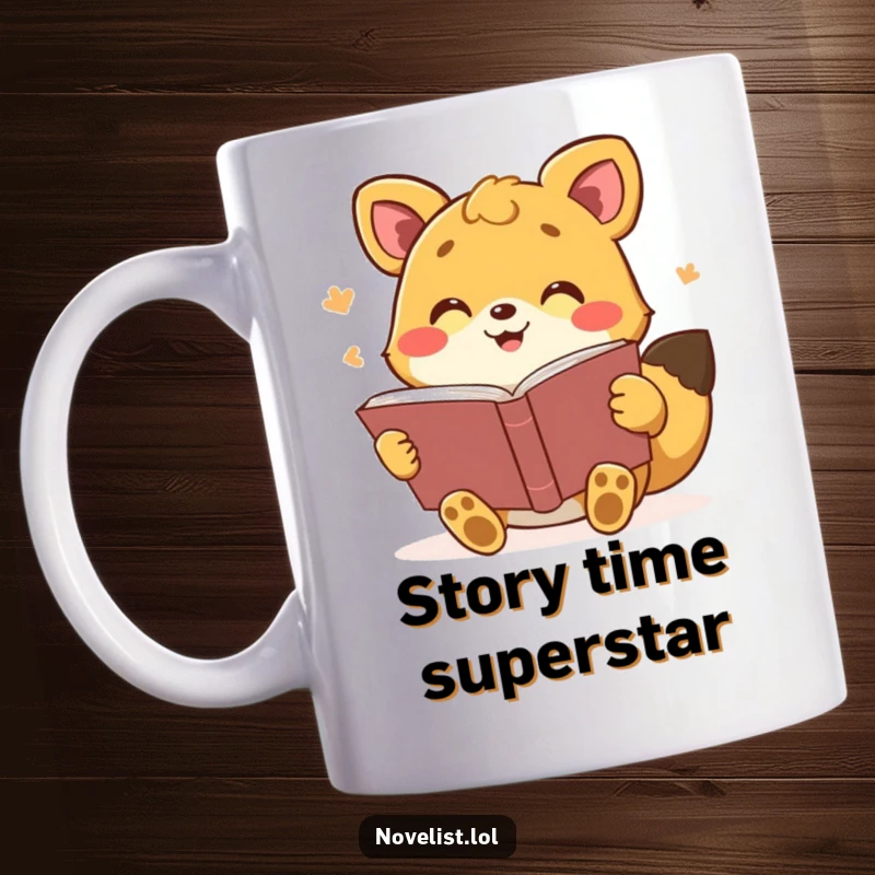 Funny mug with a lively animal reading a book aloud with dramatic gestures, showcasing enthusiasm for storytelling, a great gift.