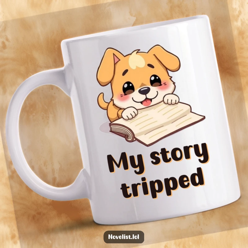 Funny mug showing a dog character comically tripping over a manuscript, wearing a surprised and goofy grin.