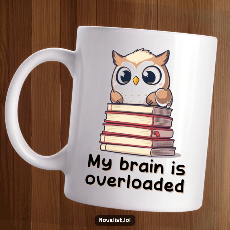 Funny owl mug with a surprised expression peeking over a messy stack of manuscripts, ideal for any bibliophile or academic.