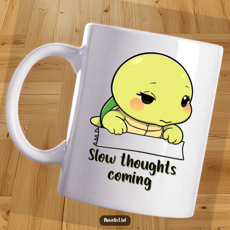 Funny mug featuring a thoughtful turtle gazing intently at a blank page, symbolizing contemplation and the start of creativity.