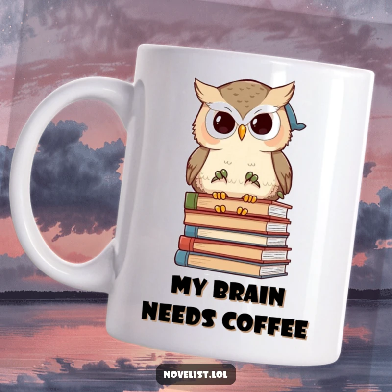 Funny wise owl character sitting pensively, staring at a huge stack of books, on a ceramic mug, perfect for scholarly humor.