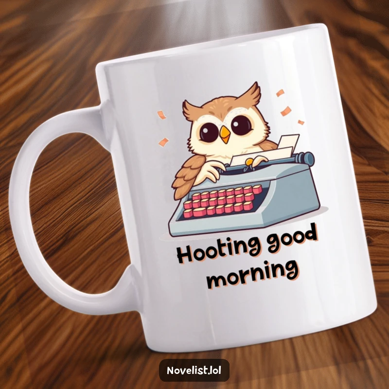 Funny mug depicting a wise owl enthusiastically pecking at a typewriter with keys flying, a humorous writer's gift.