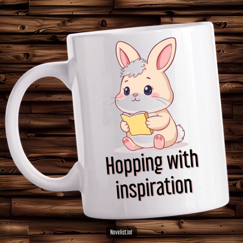 Funny Bunny Mug: A fluffy bunny with a thoughtful expression, holding a tiny manuscript, contemplating ideas.