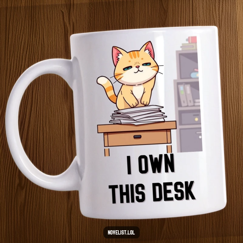 Funny cat mug, jumping onto desk, papers, determined look, office humor, cute and funny gift.