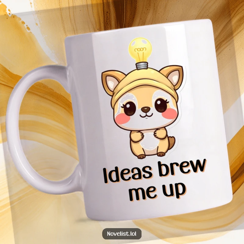 Funny mug showing a small animal in a thinking cap, with a glowing lightbulb above, representing bright ideas and genius.