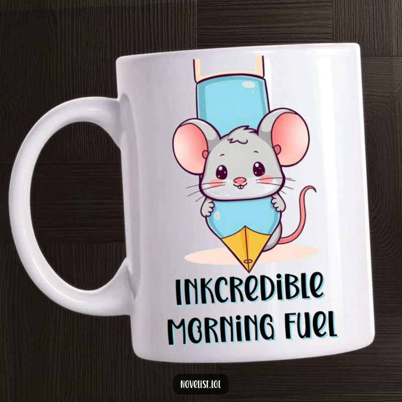 Funny mouse character peeking playfully from behind a huge fountain pen, a humorous and cute illustration for writers.