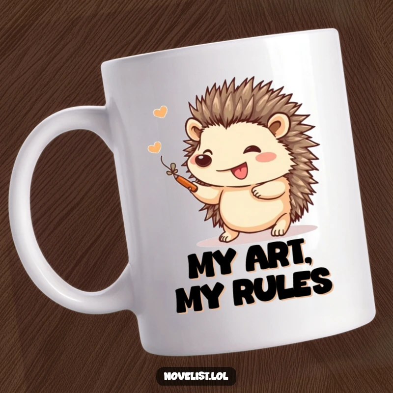Funny hedgehog gleefully adding a decorative flourish to a drawing on a mug, celebrating creativity and artistic joy.