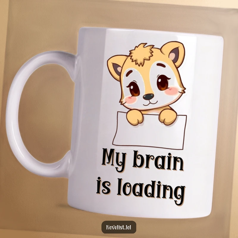 Funny mug featuring a curious animal character staring intently at a blank page, pondering inspiration, ideal for creative minds and a great funny gift.