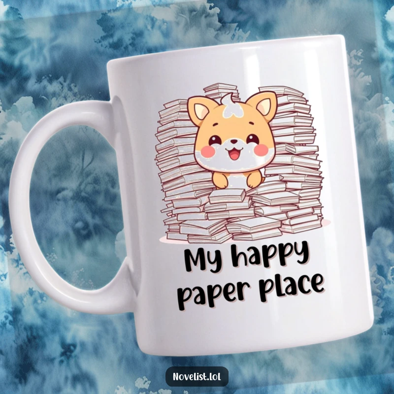 Funny Mug featuring a happy animal character surrounded by overflowing stacks of paper, looking pleased with its productivity.
