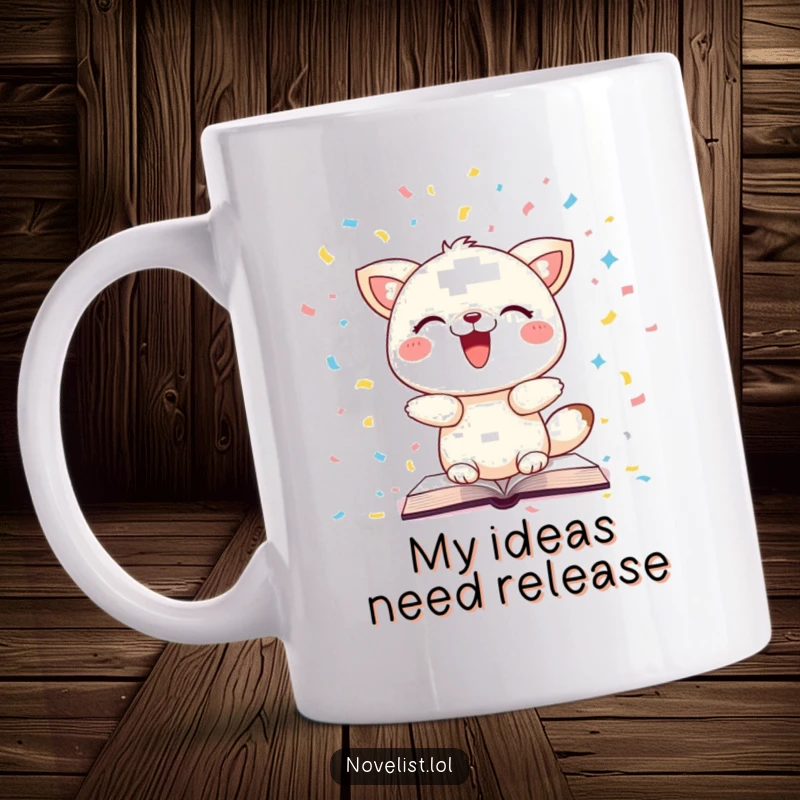 Funny mug with a delighted animal character throwing book pages like confetti, embodying a jubilant and messy reading experience.
