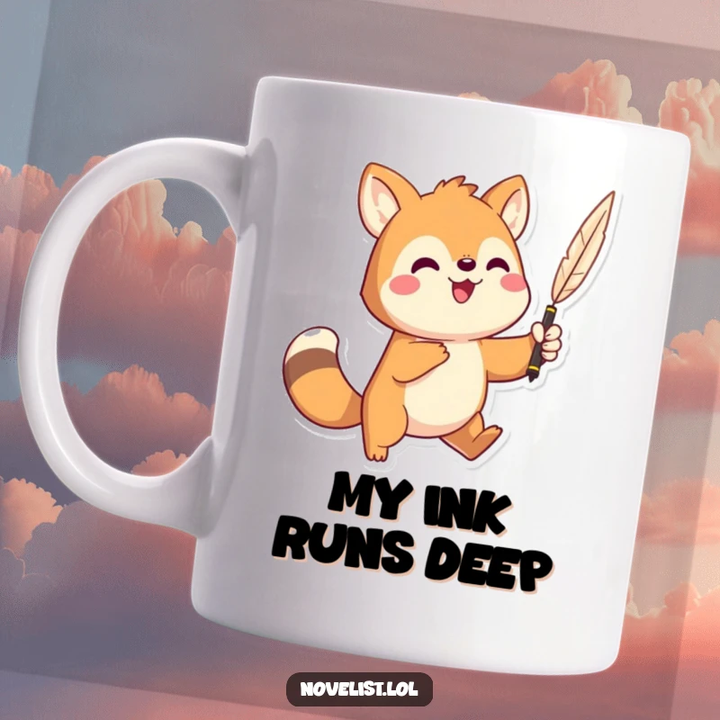 Funny mug featuring a playful animal character striking a dramatic pose, triumphantly holding a quill pen aloft.