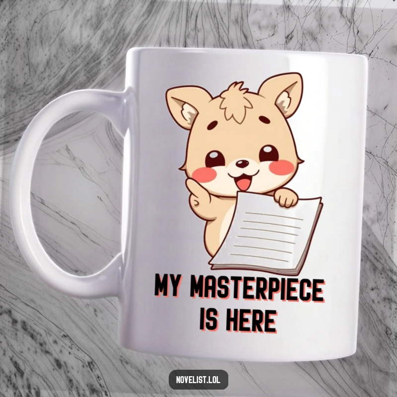Funny mug featuring a cute animal character passionately pointing at a manuscript with a proud, knowing smile.