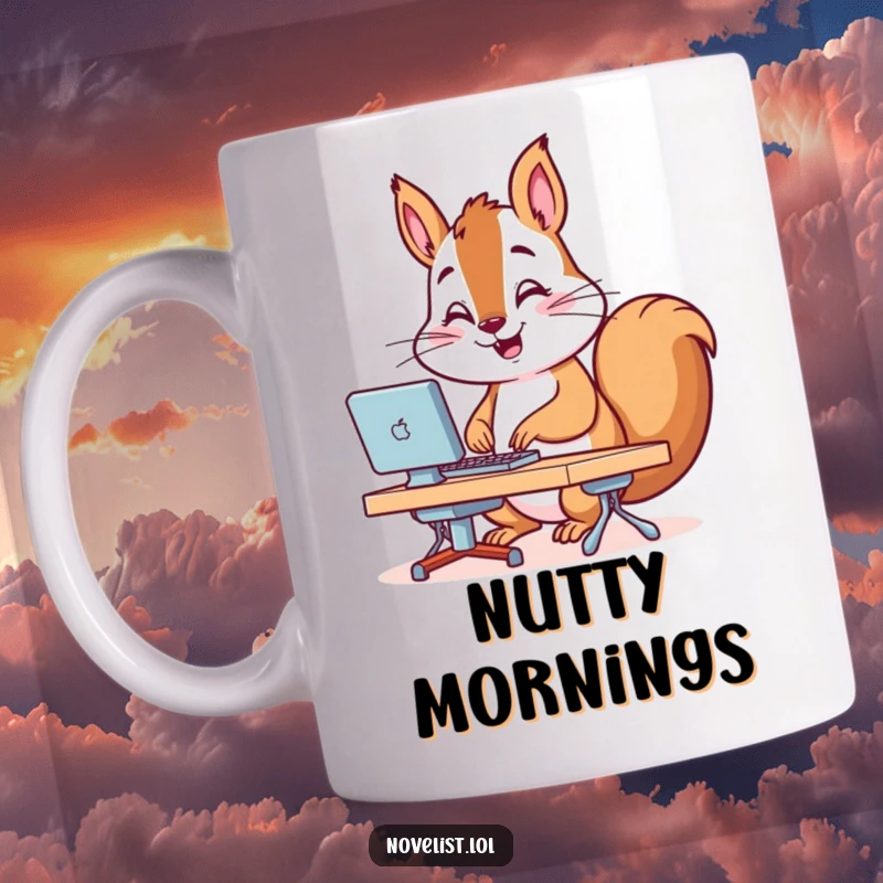 Funny Mug featuring a cheerful squirrel furiously typing on a miniature keyboard at a tiny desk, surrounded by flying papers.
