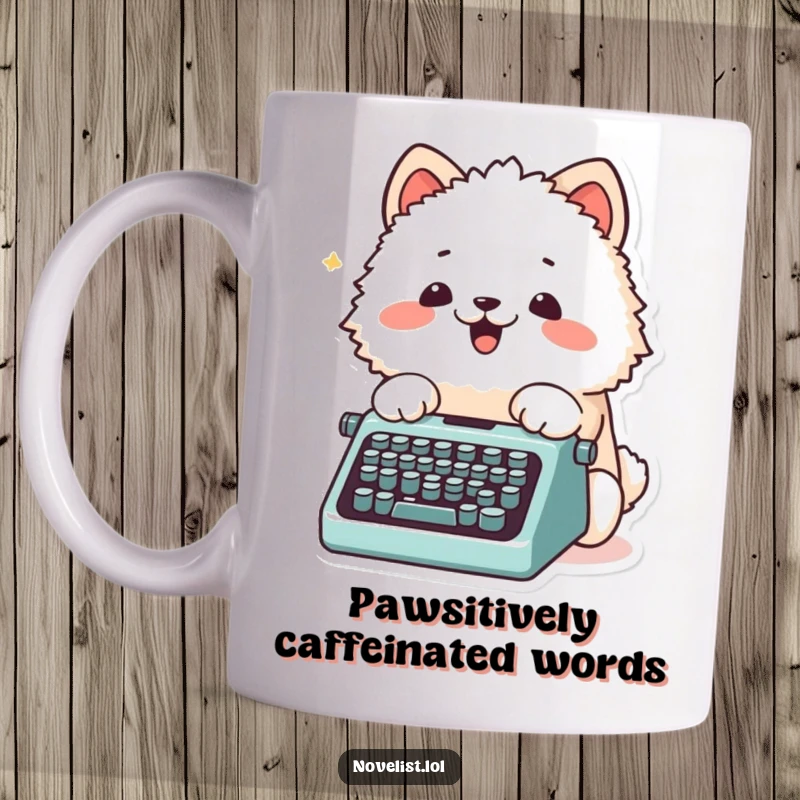 Funny Mug featuring a fluffy animal character excitedly typing on a tiny typewriter with its paws, showcasing creative energy.