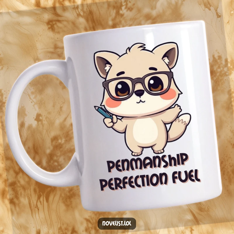 Funny Mug featuring a cute animal character with glasses, dramatically gesturing with a pen, conveying passionate explanation.