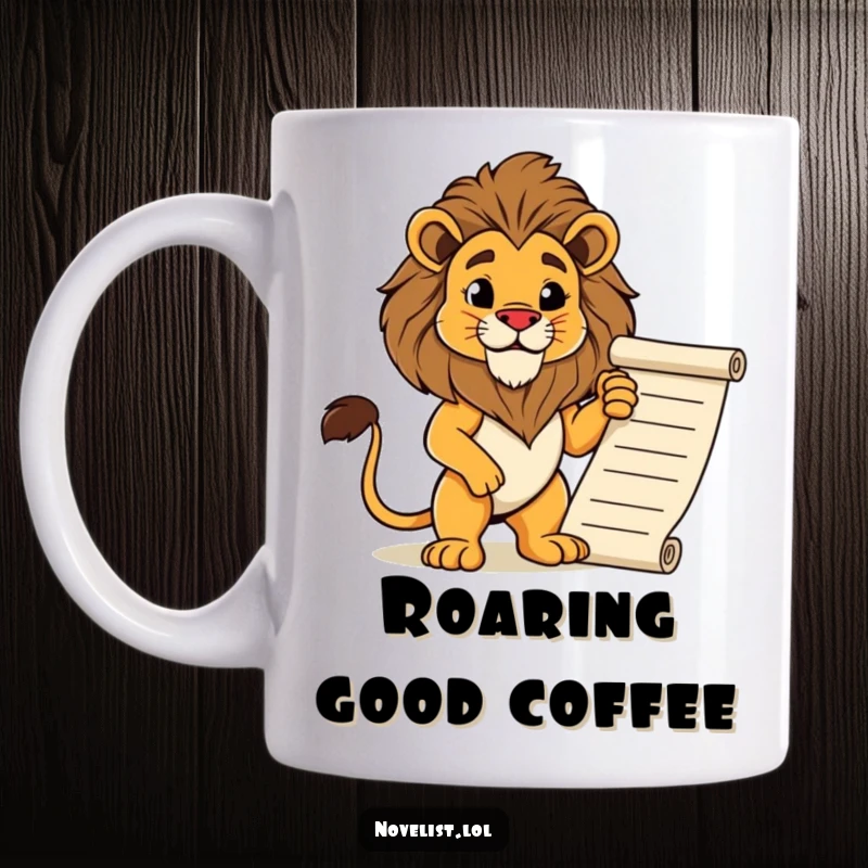 Funny mug with a proud, majestic lion standing regally next to a flowing manuscript. Noble and humorous design.