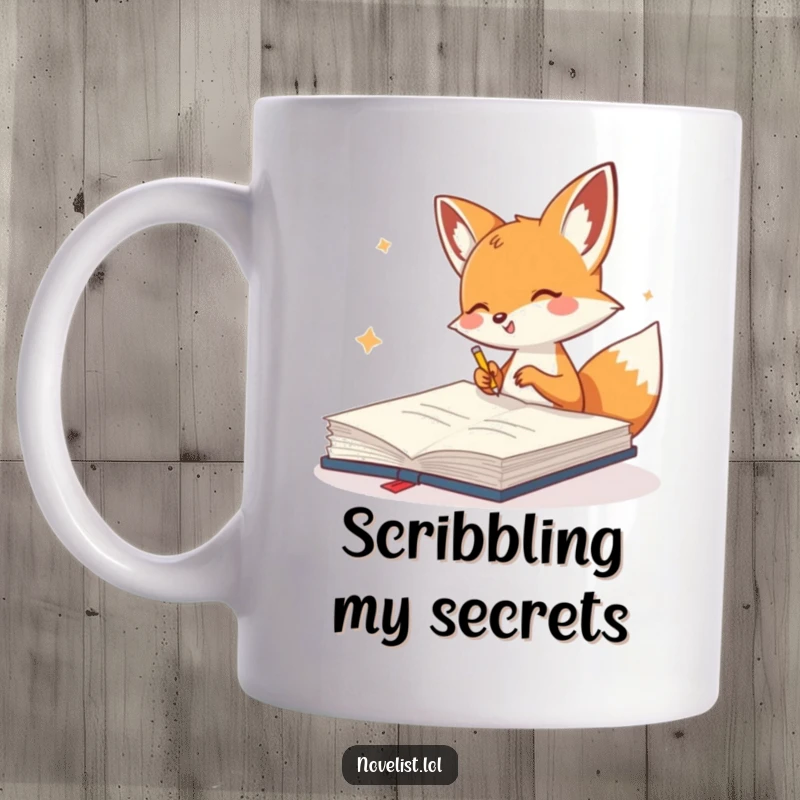 Funny Mug showcasing a cute fox gleefully scribbling in a giant notebook, radiating creativity and joyful expression.