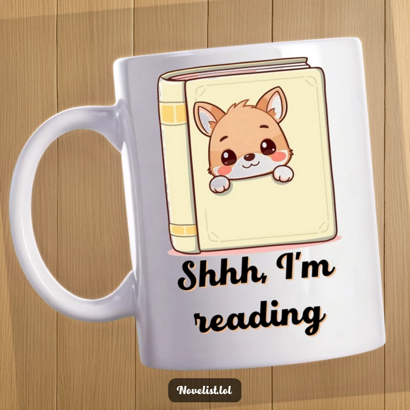 Funny mug with a cute animal peeking over a book, embodying curiosity and a love for reading, a delightful gift.