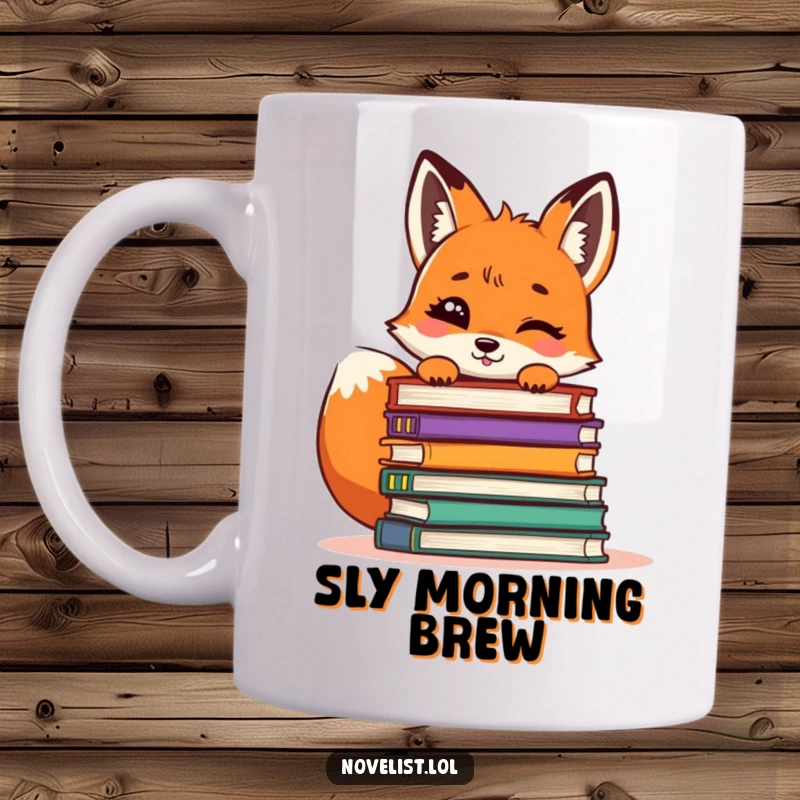 Funny Fox Mug: A giggling fox peeking out from behind a pile of books, full of mischief and humor.