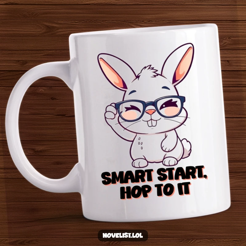 Funny rabbit mug with a winking expression, adjusting reading glasses with a mischievous, creative grin.