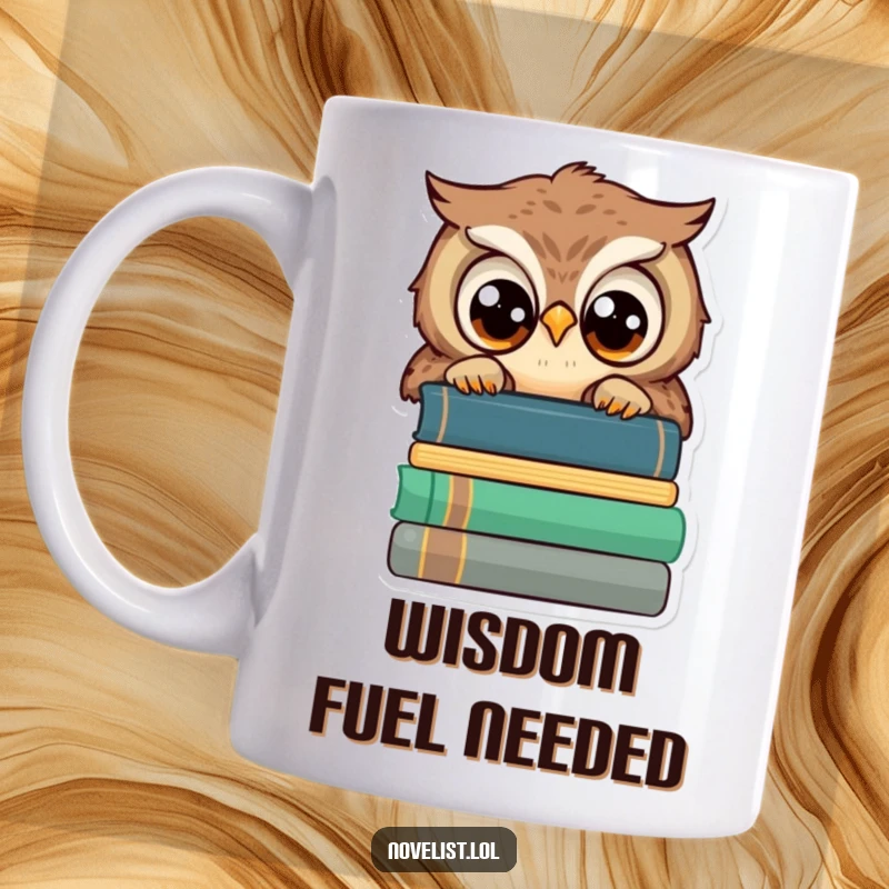 Funny owl mug, peeking over books, wide wise eyes, perfect for readers and as a funny gift.